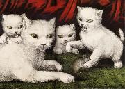 Currier and Ives Three little white kitties oil